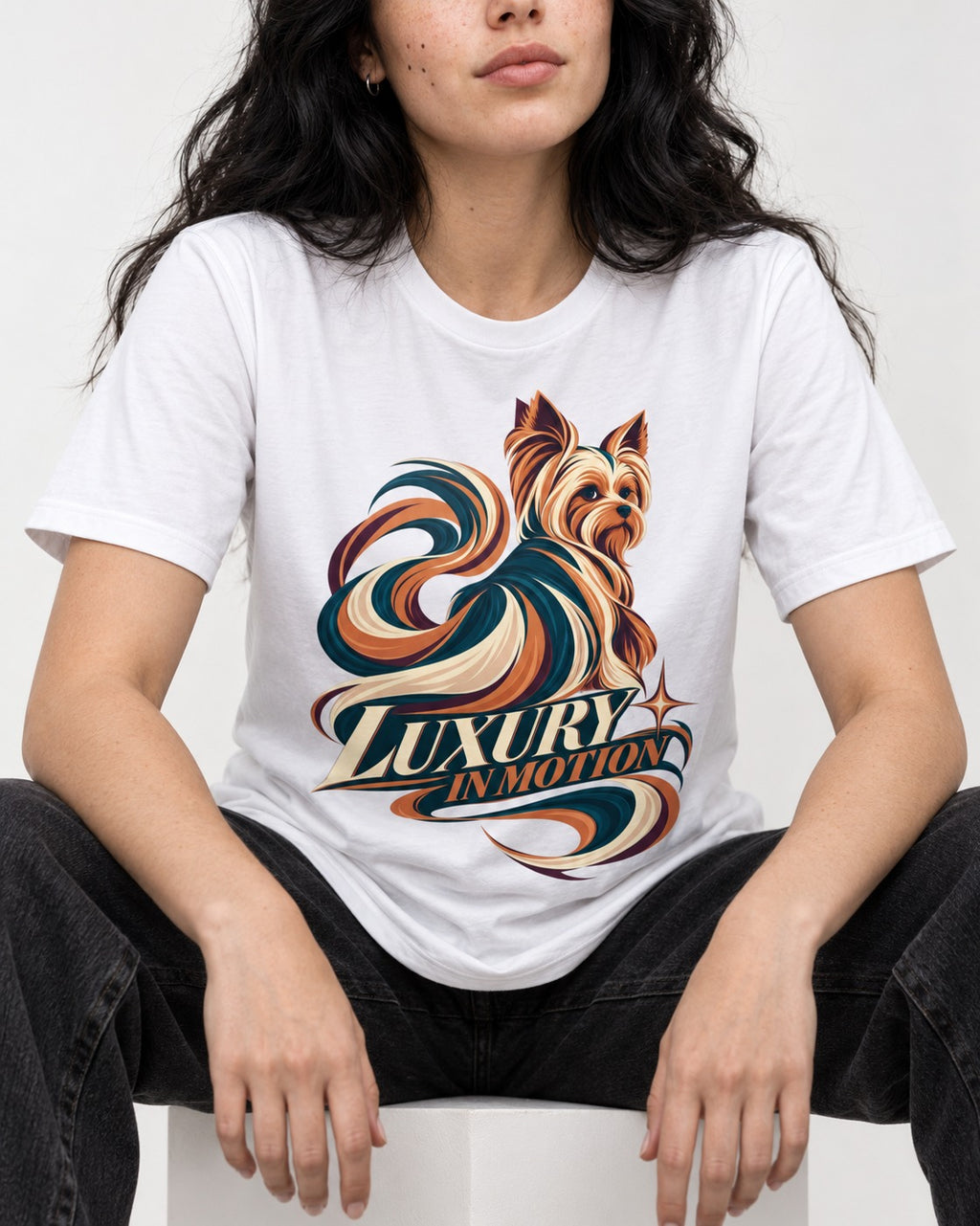 Yorkshire Terrier Luxury in Motion T-Shirt in White, worn by a seated model