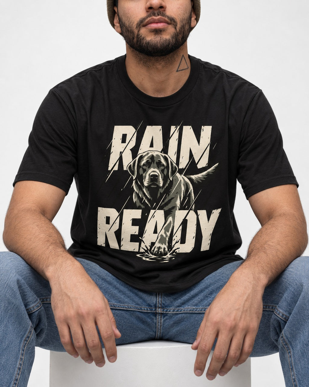Labrador Retriever Rain Ready Charging Splash Graphic T-Shirt in Black, worn by a seated model