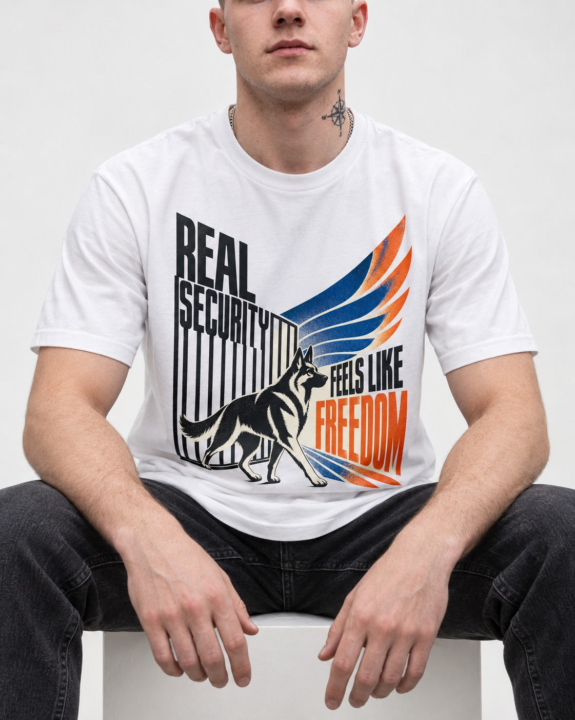 German Shepherd Dog Feels Like Freedom T-Shirt in White, worn by a seated model