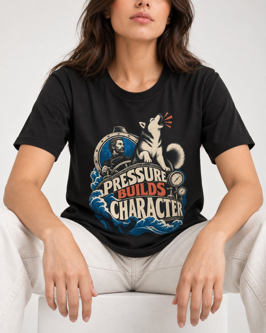 Husky Pressure Builds Character Deep Sea Graphic T-Shirt in Black, worn by a seated model
