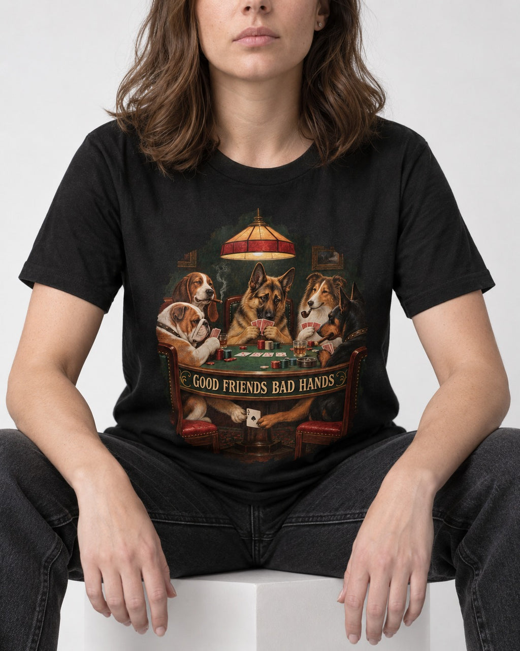 German Shepherd Dog Good Friends Bad Hands Poker Graphic T-Shirt in Black, worn by a seated model