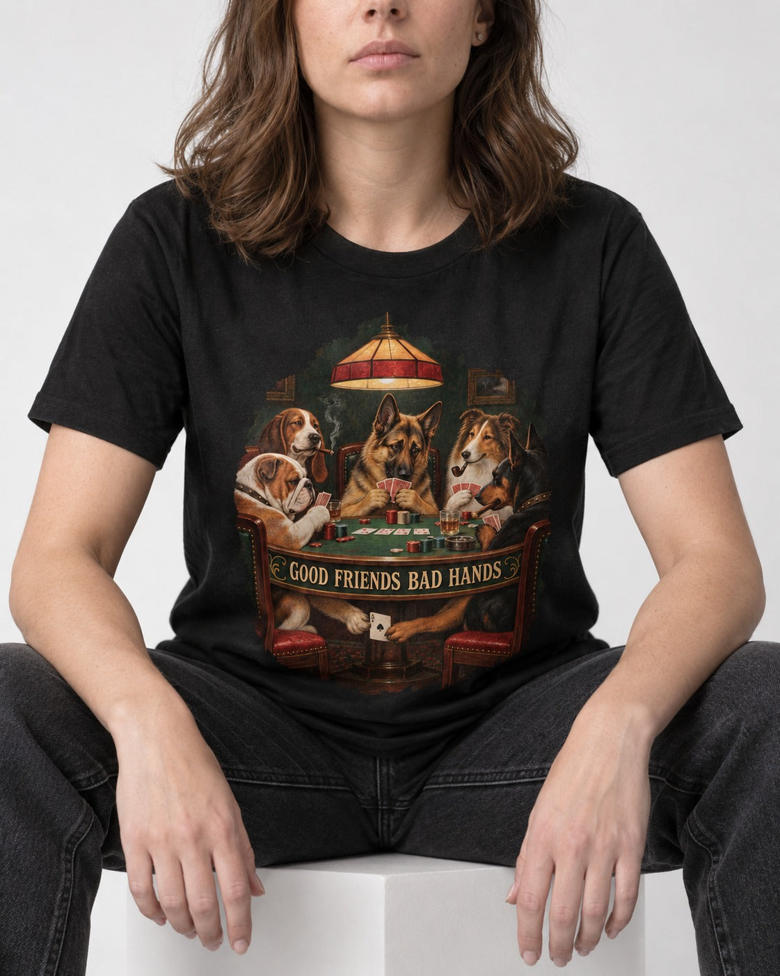 German Shepherd Dog Good Friends Bad Hands Poker Graphic T-Shirt in Black, worn by a seated model