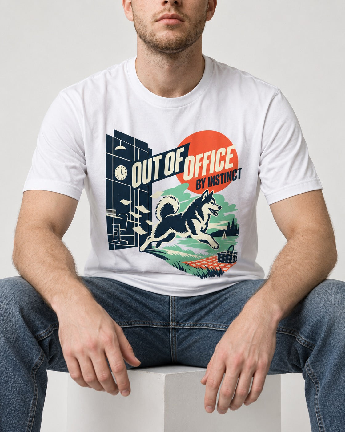 Husky Out of Office T-Shirt in White, worn by a seated model