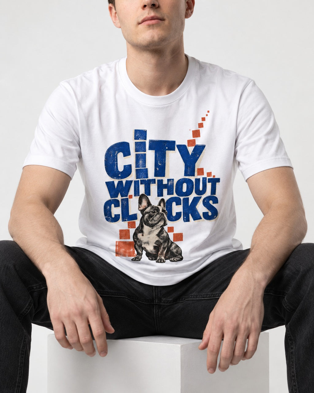 Frenchie's City Without Clocks T-Shirt in White, worn by a seated model