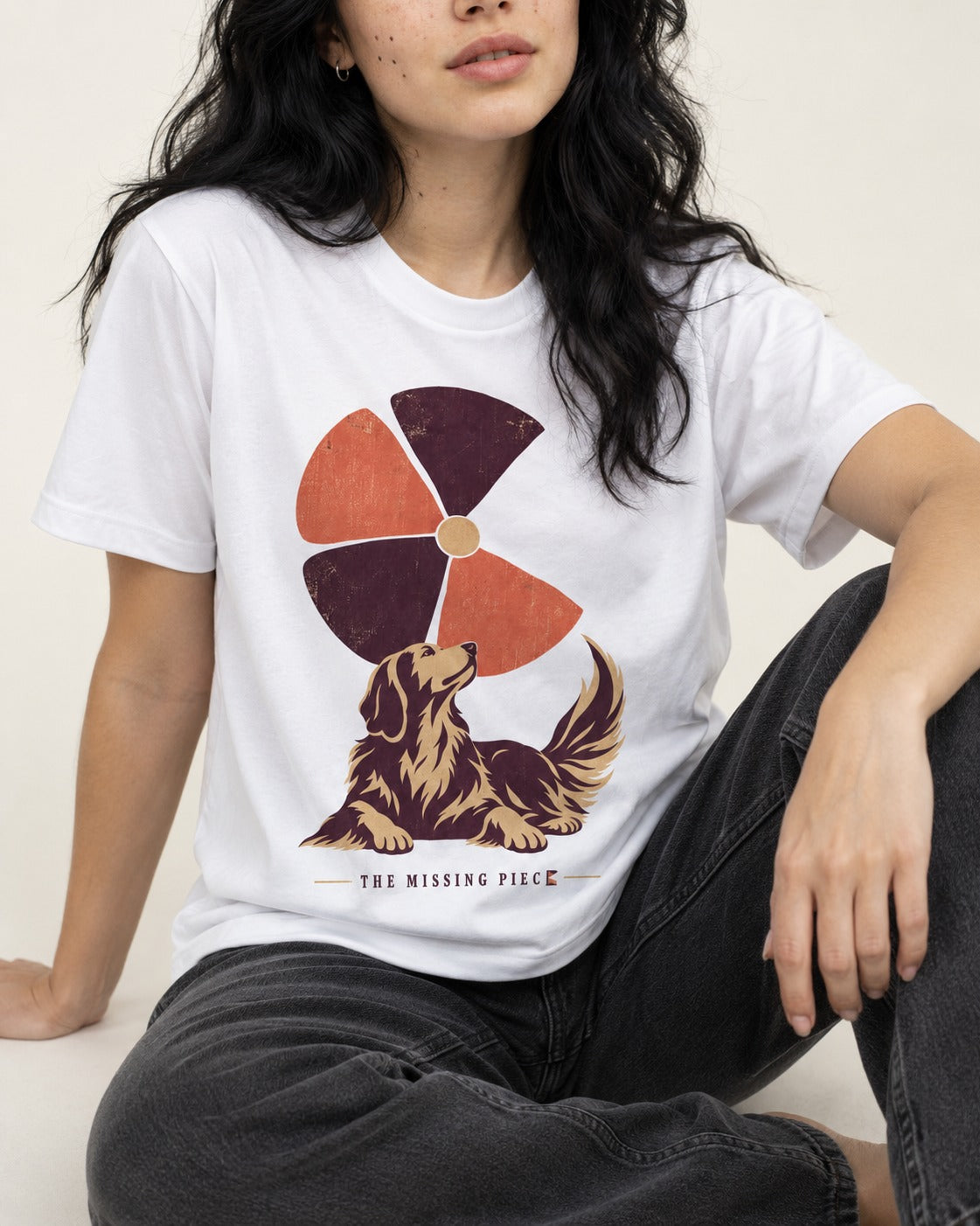 Golden Retriever Is My Missing Piece T-Shirt in White, worn by a seated model