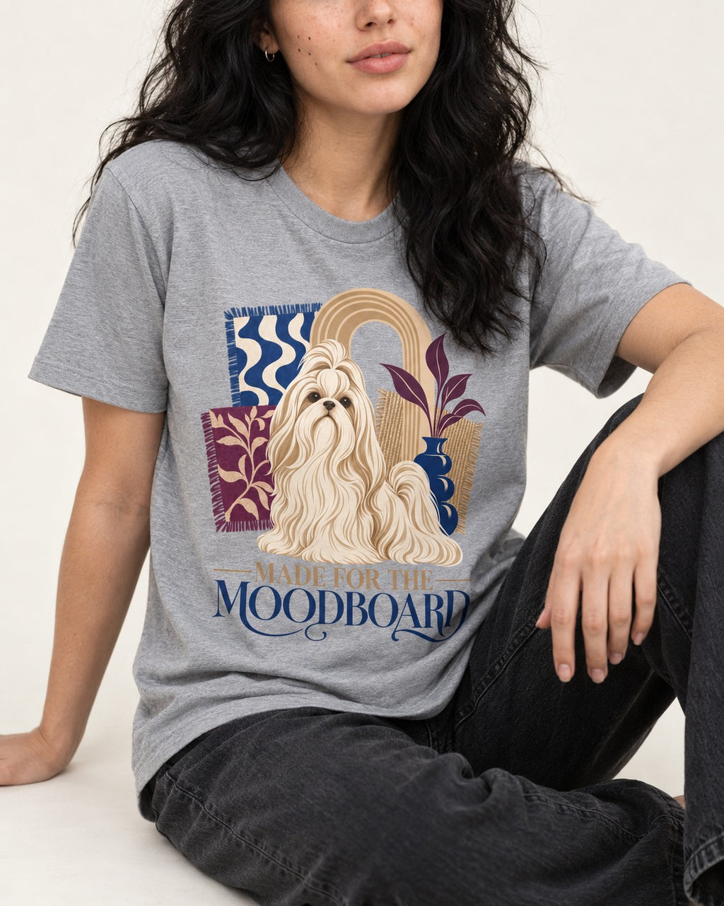 Shih Tzu Made for the Moodboard Boho Interior Graphic T-Shirt in Sport Grey, worn by a seated model
