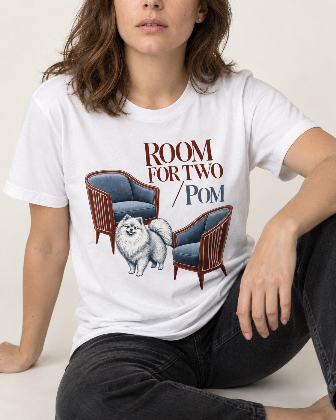 Room for Two with Pomeranian T-Shirt in White, worn by a seated model