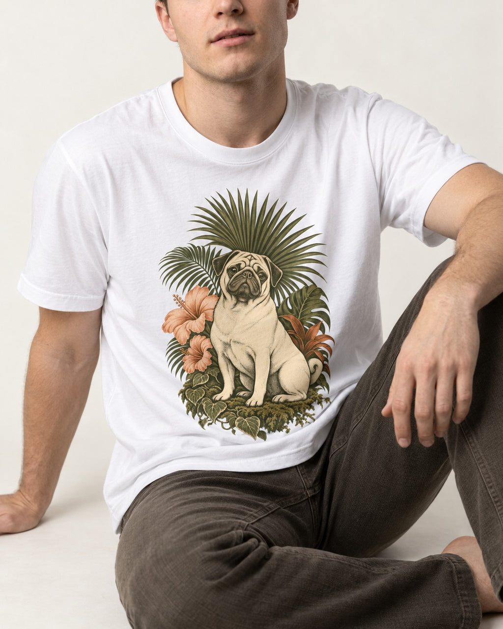 Pug Paradise T-Shirt in White, worn by a seated model