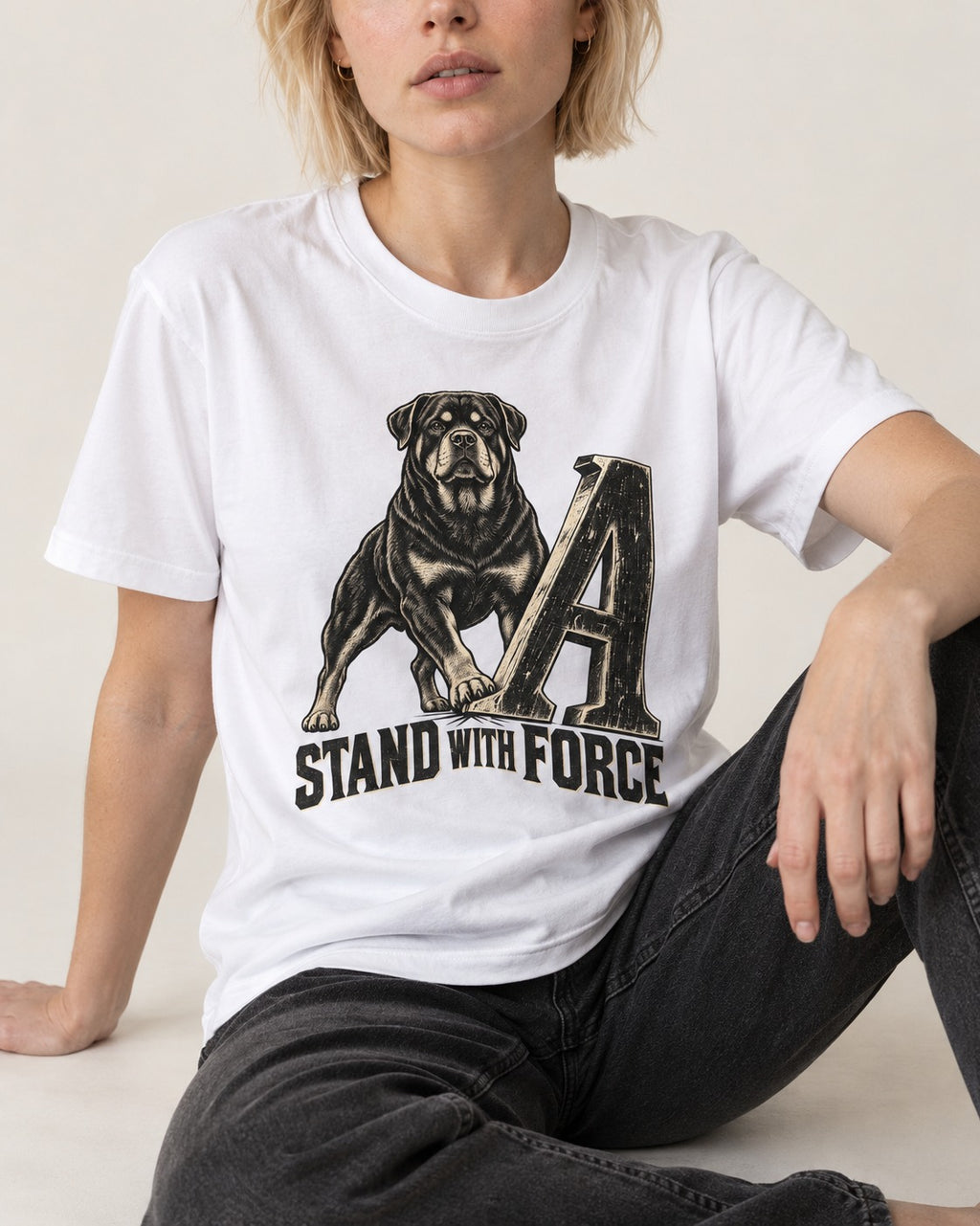 Rottweiler Stand with Force T-Shirt in White, worn by a seated model