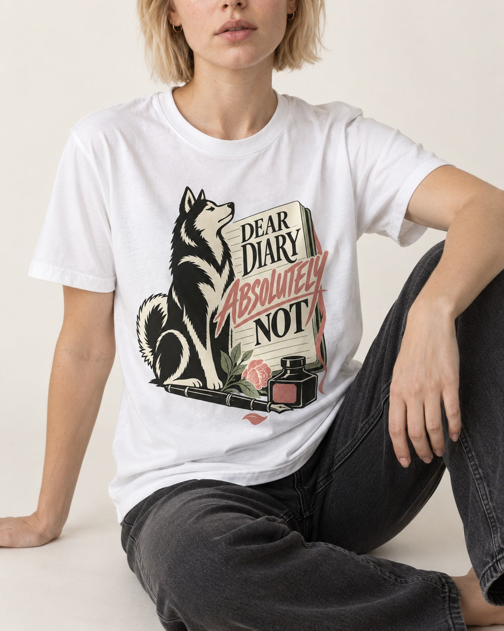Husky Absolutely Not T-Shirt in White, worn by a seated model
