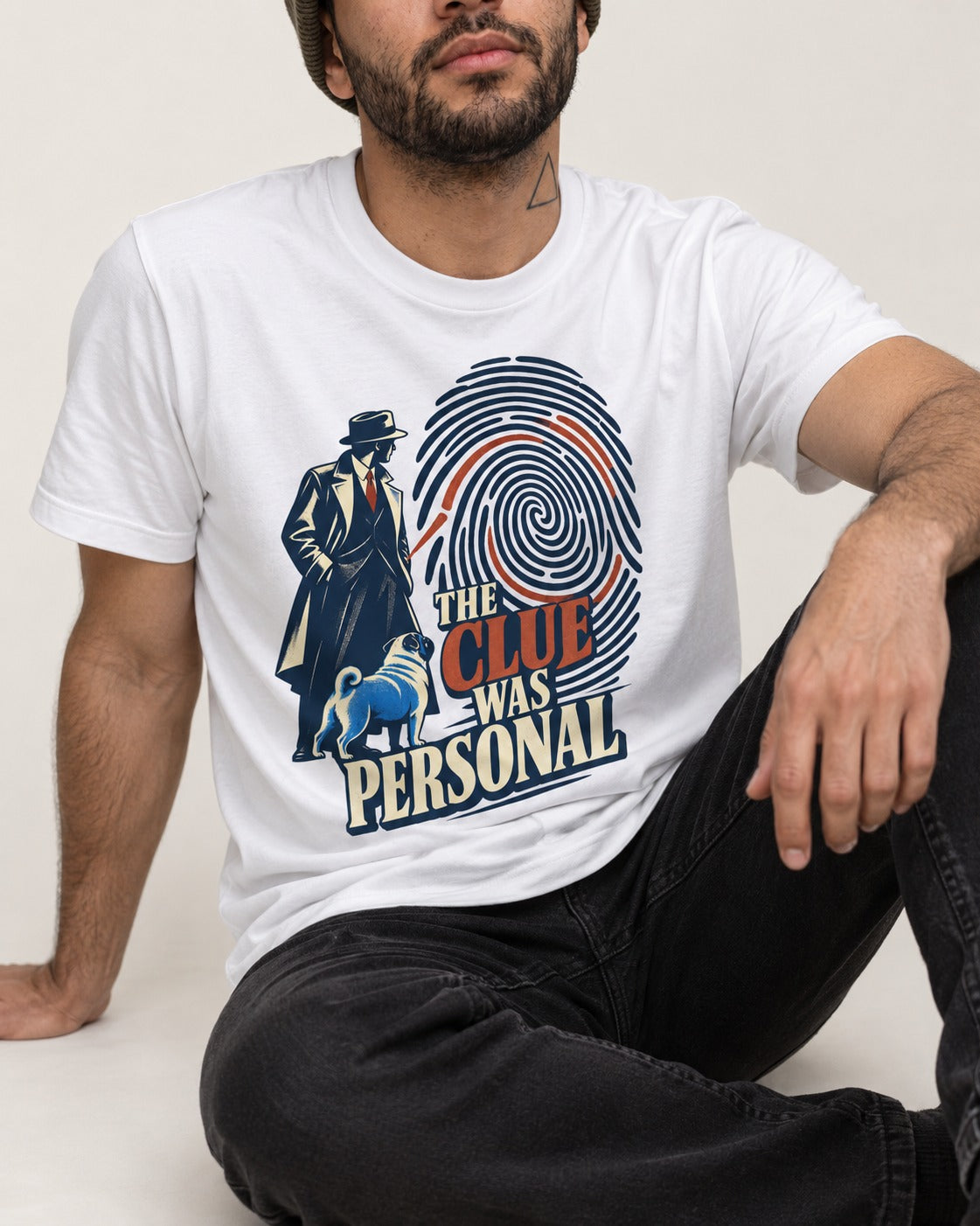 The Pug Clue Was Personal T-Shirt in White, worn by a seated model