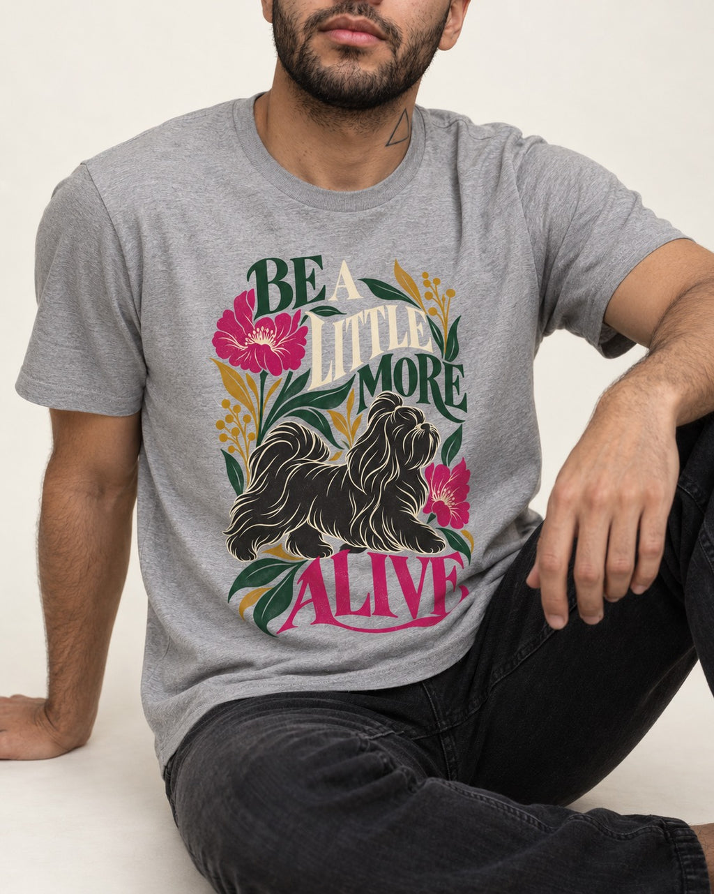 Shih Tzu Be a Little More Alive Botanical Graphic T-Shirt in Sport Grey, worn by a seated model