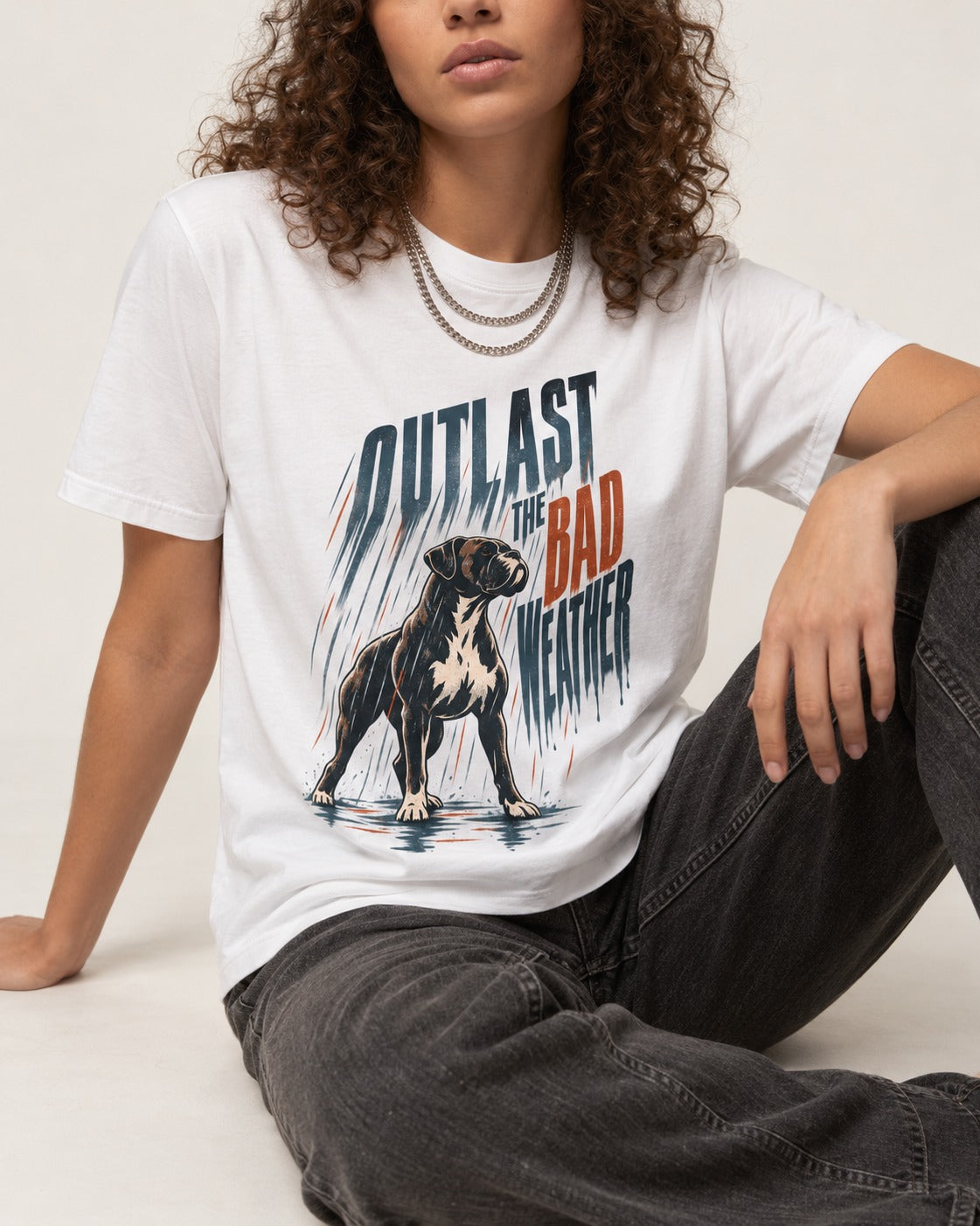 Boxer Outlast the Bad Weather T-Shirt in White, worn by a seated model