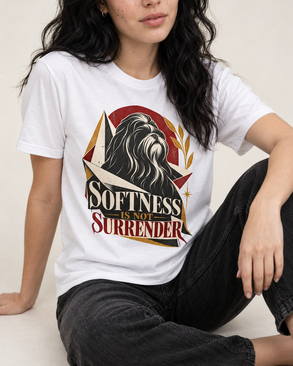 Shih Tzu Softness Is Not Surrender T-Shirt in White, worn by a seated model