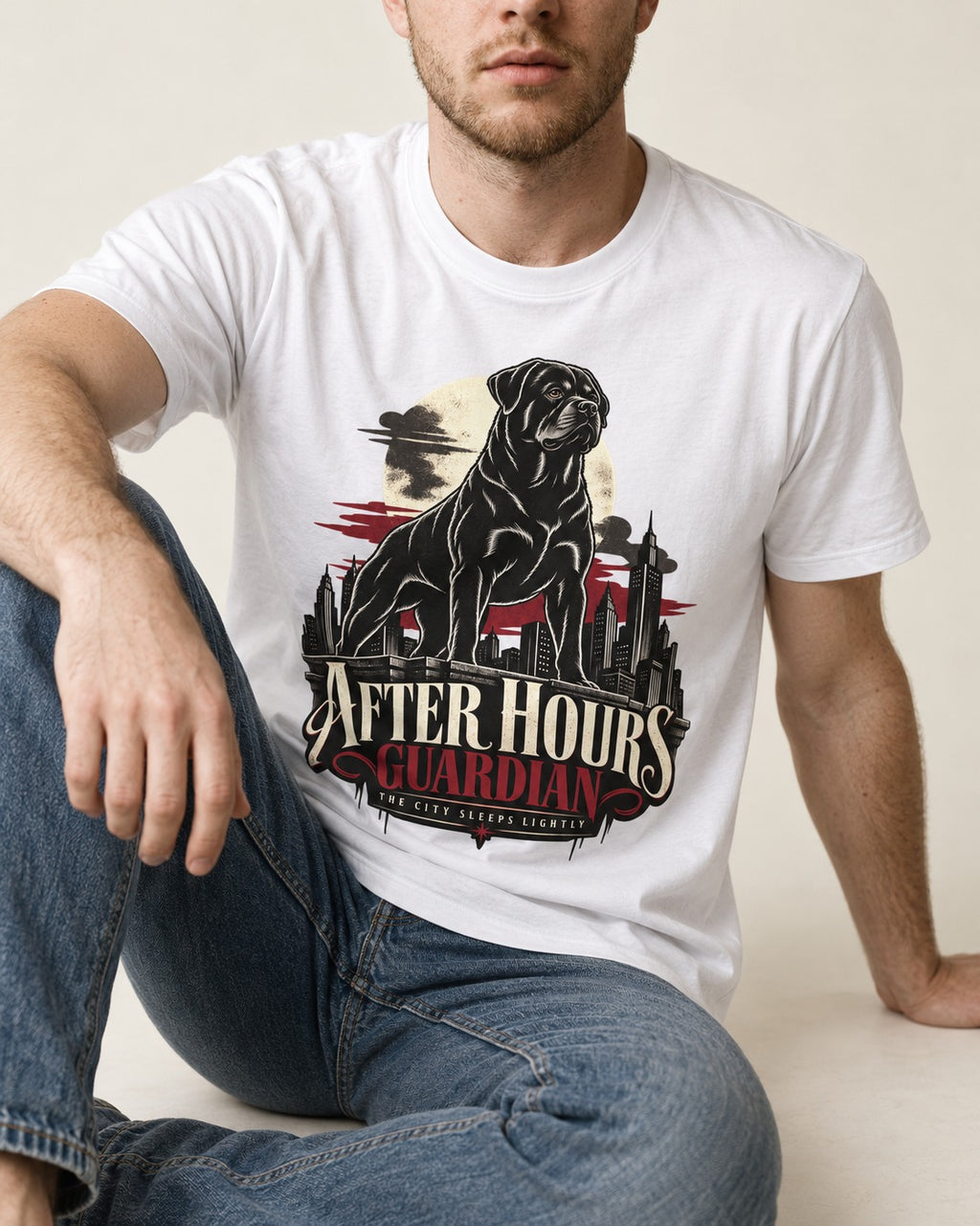 After Hours Rottweiler Guardian T-Shirt in White, worn by a seated model