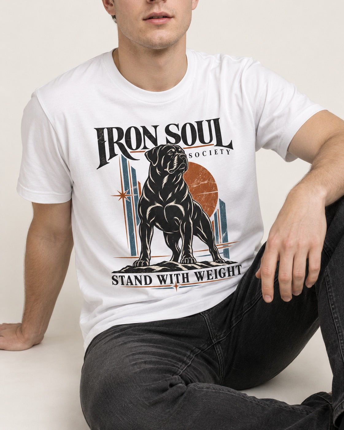 Rottweiler Iron Soul Society T-Shirt in White, worn by a seated model
