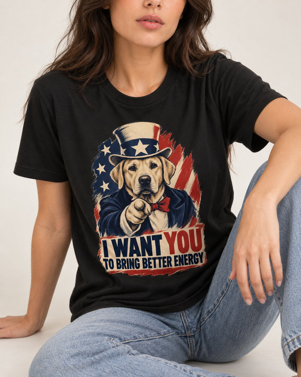 Labrador Retriever I Want You to Bring Better Energy Uncle Sam Graphic T-Shirt in Black, worn by a seated model