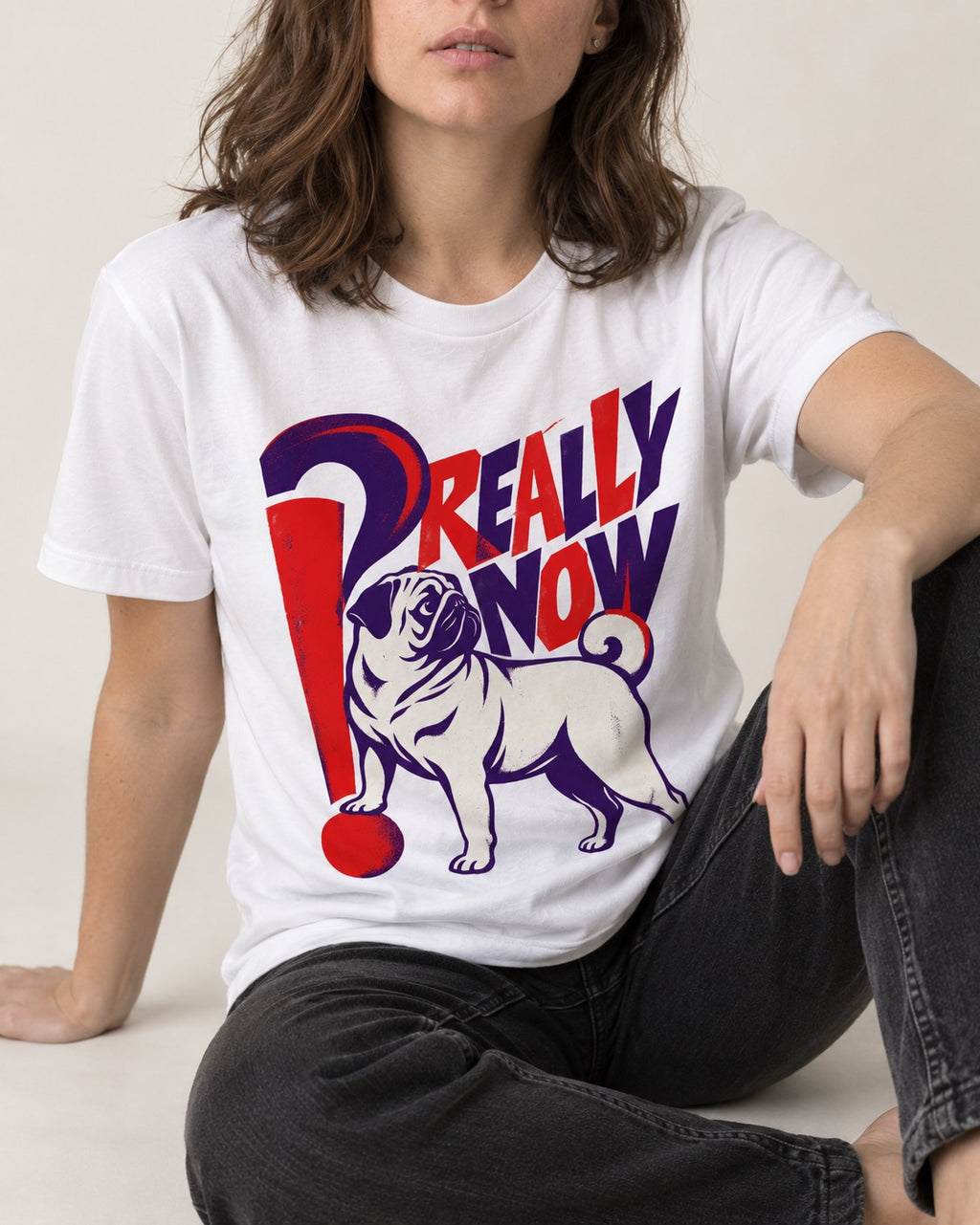 Really Now Pug T-Shirt in White, worn by a seated model