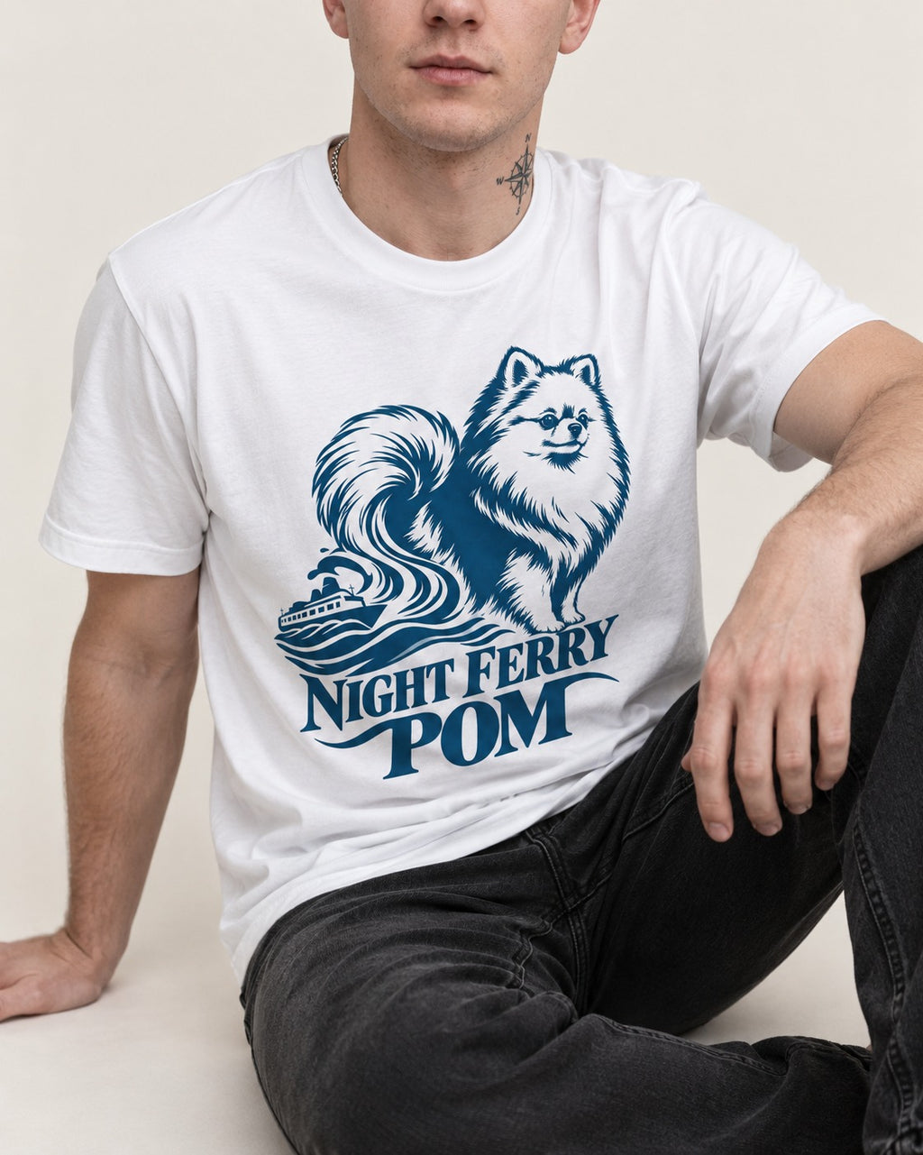 Night Ferry Pomeranian T-Shirt in White, worn by a seated model