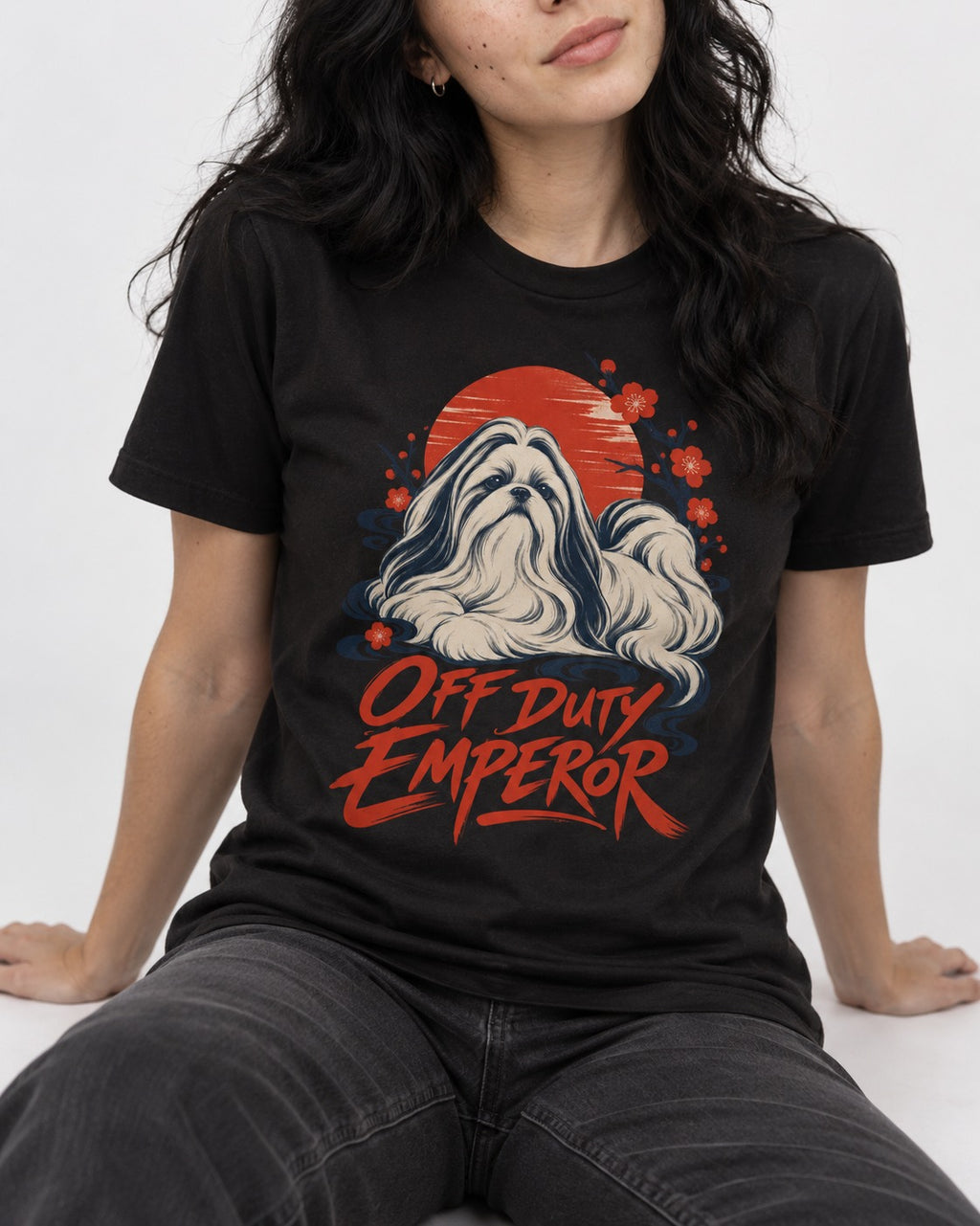 Shih Tzu Off Duty Emperor Sunset Blossom Graphic T-Shirt in Black, worn by a seated model