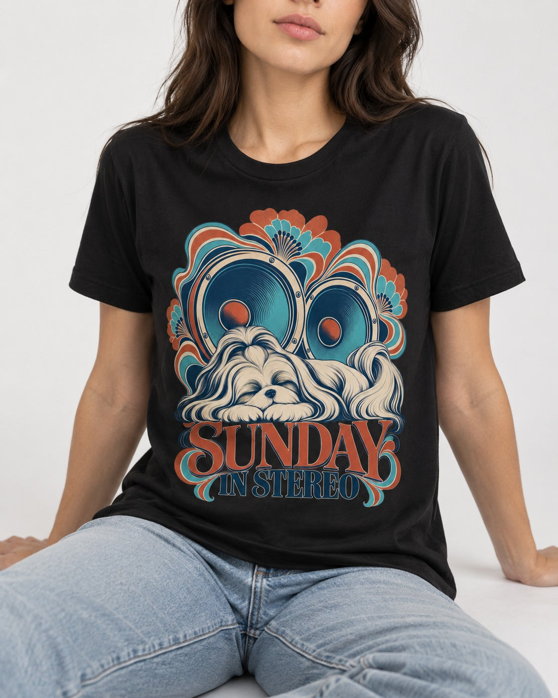 Shih Tzu Sunday in Stereo Retro Speaker Graphic T-Shirt in Black, worn by a seated model