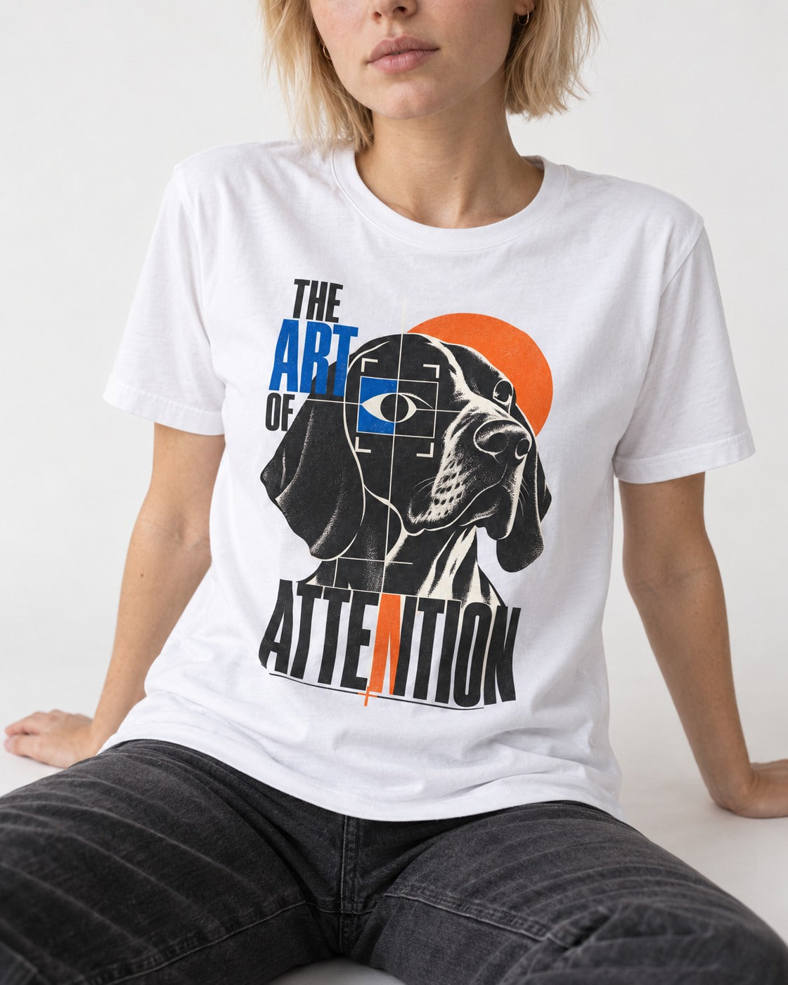 German Shorthaired Pointer Attention T-Shirt in White, worn by a seated model