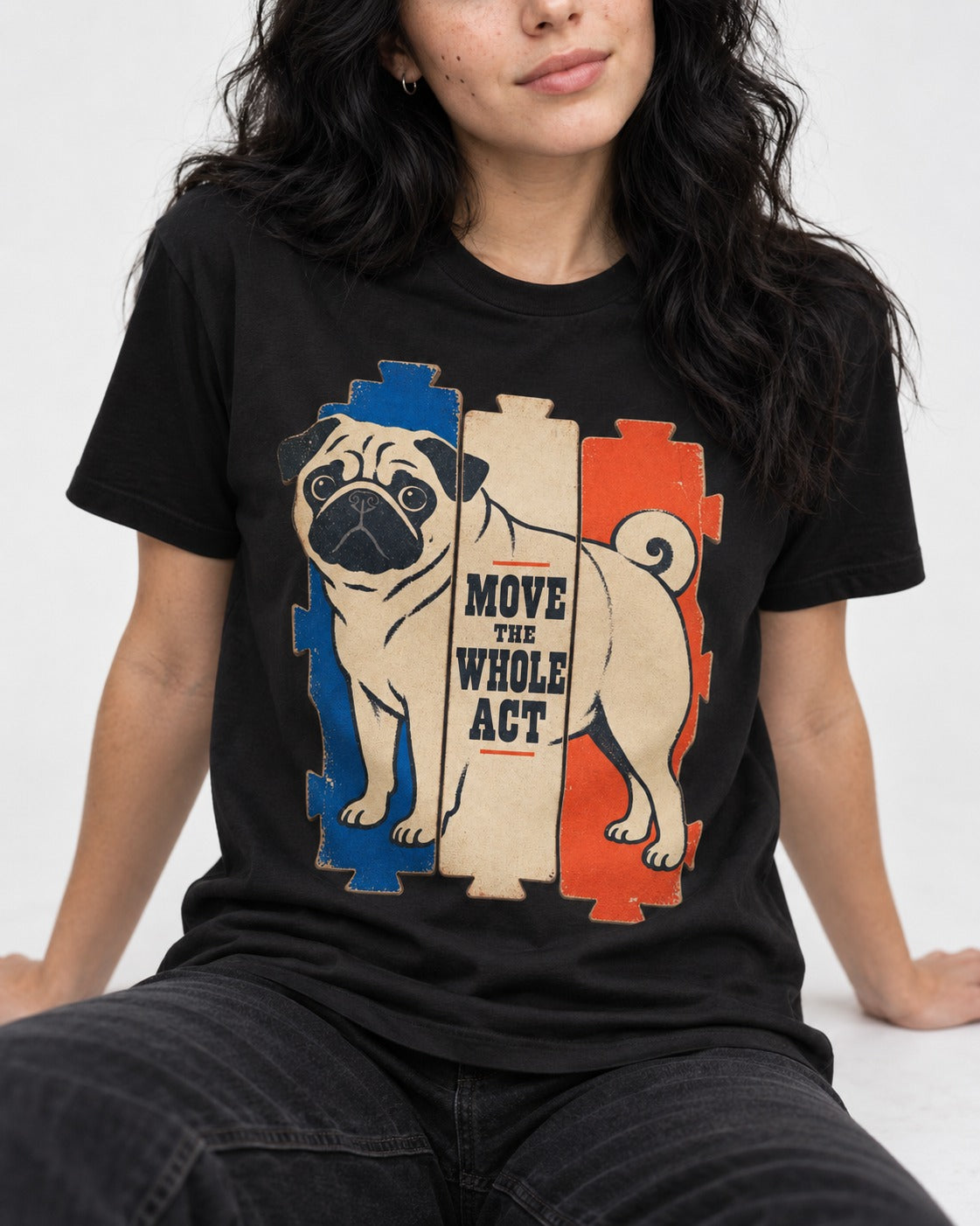 Pug Move the Whole Act Color Block Graphic T-Shirt in Black, worn by a seated model