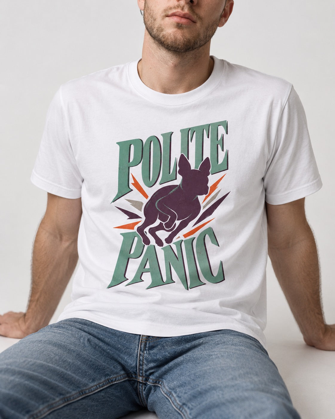 Polite Panic Boston Terrier T-Shirt in White, worn by a seated model