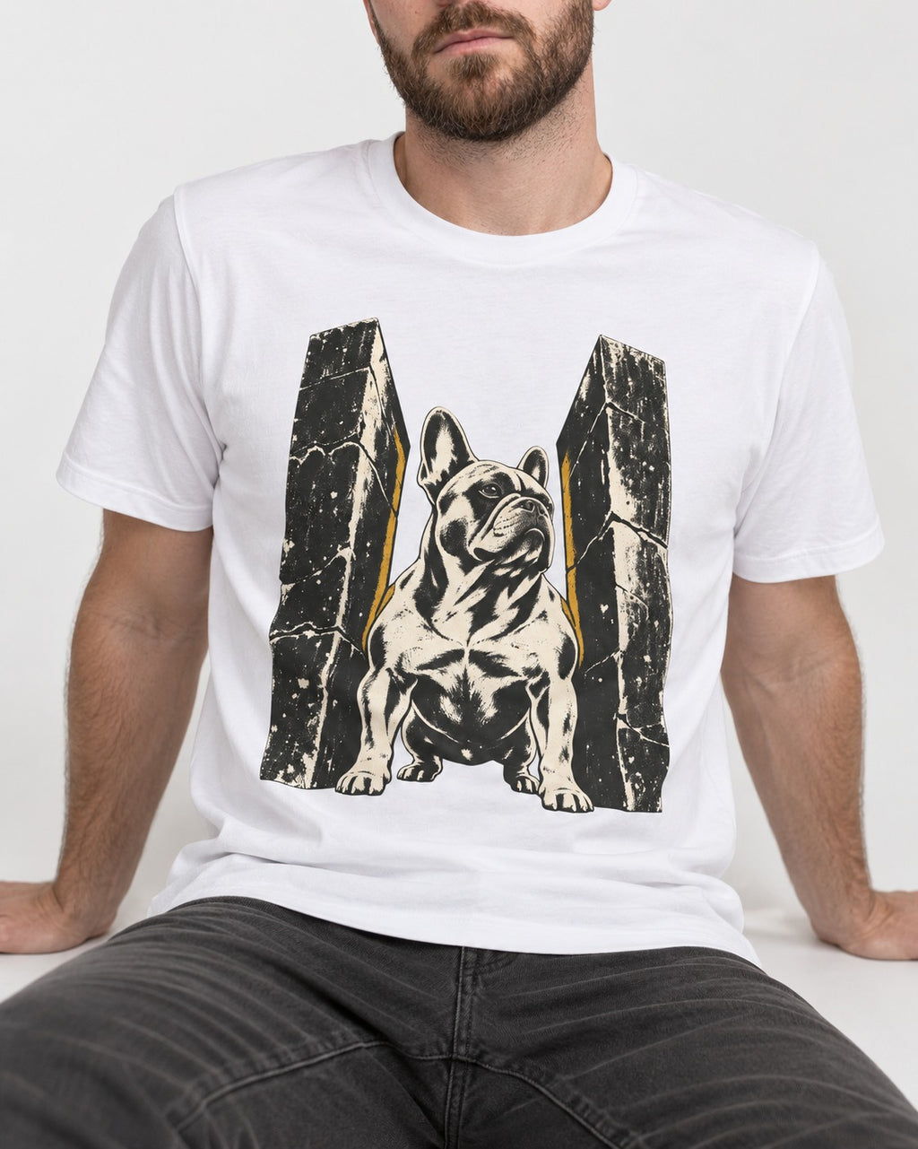 Frenchie Unbreakable T-Shirt in White, worn by a seated model