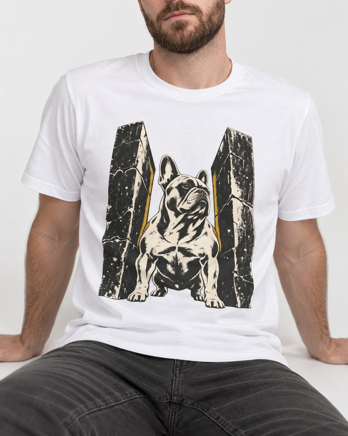 Frenchie Unbreakable T-Shirt in White, worn by a seated model