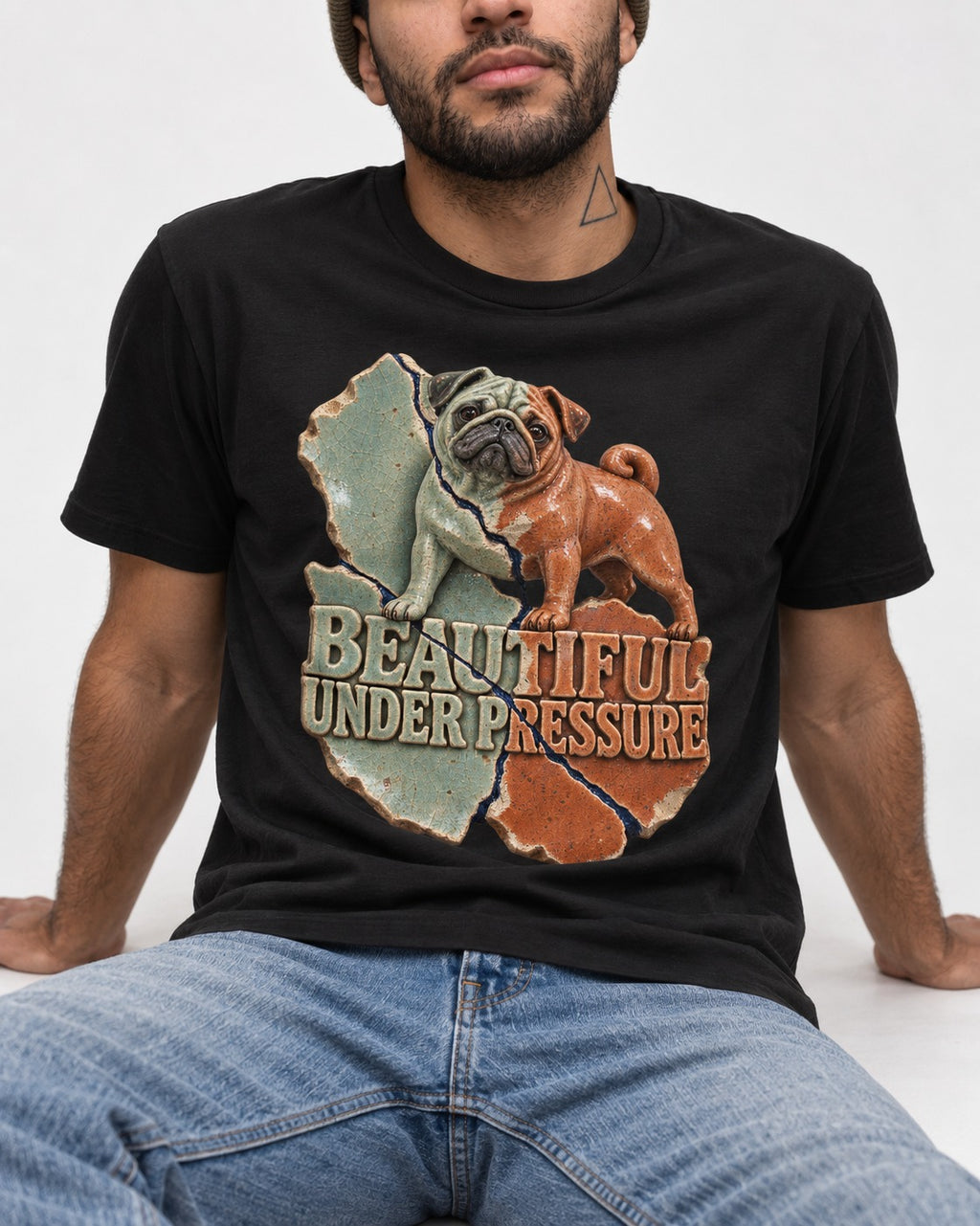 Pug Beautiful Under Pressure Cracked Ceramic Graphic T-Shirt in Black, worn by a seated model