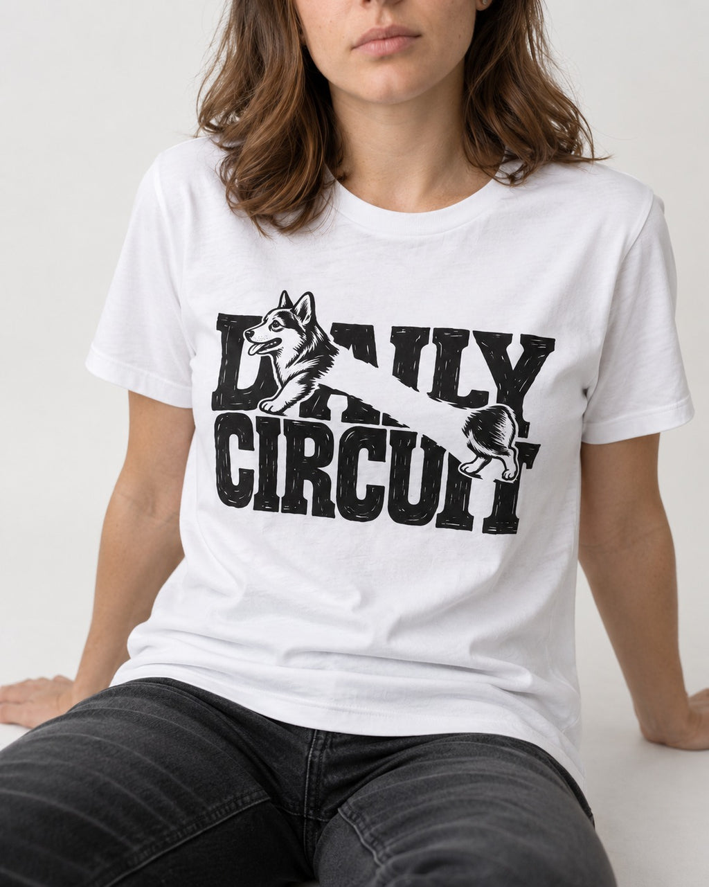 Daily Corgi Circuit T-Shirt in White, worn by a seated model
