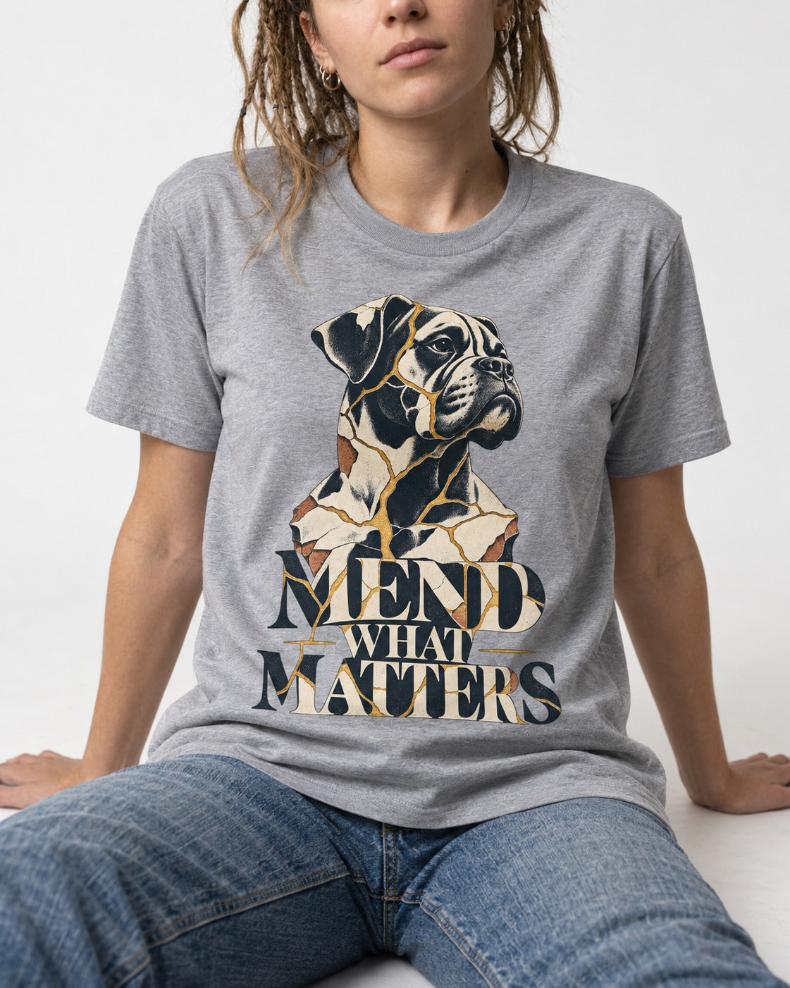 Mend What Matters Boxer Kintsugi Portrait T-Shirt in Sport Grey, worn by a seated model