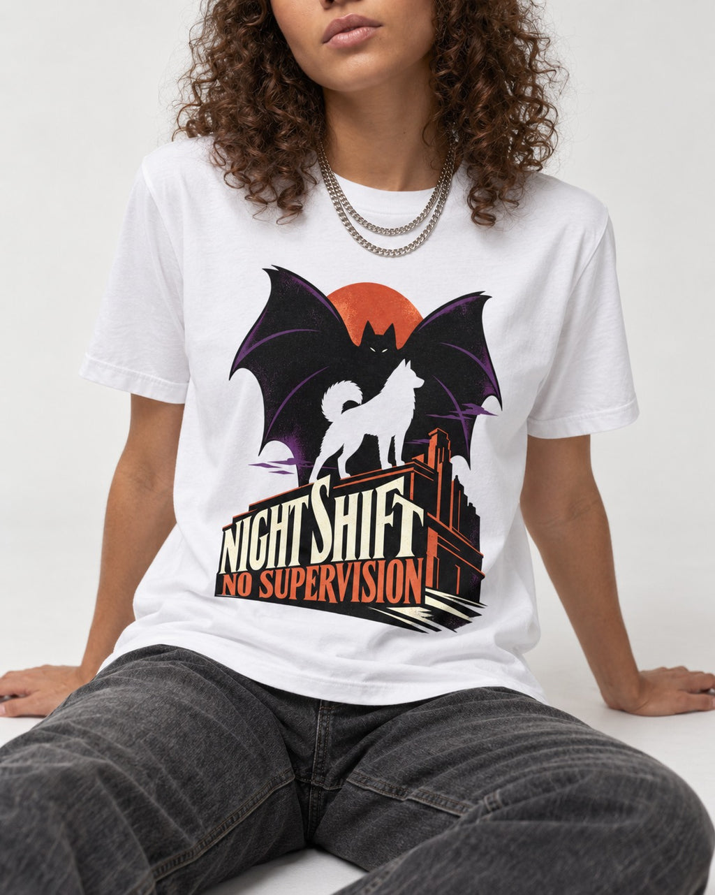 Husky Night Shift No Supervision T-Shirt in White, worn by a seated model
