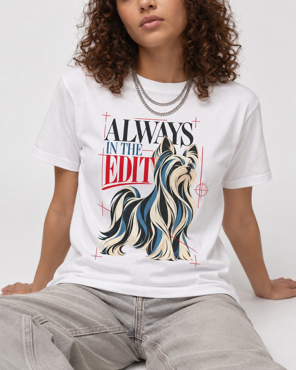 Always in the Edit Yorkshire Terrier T-Shirt in White, worn by a seated model