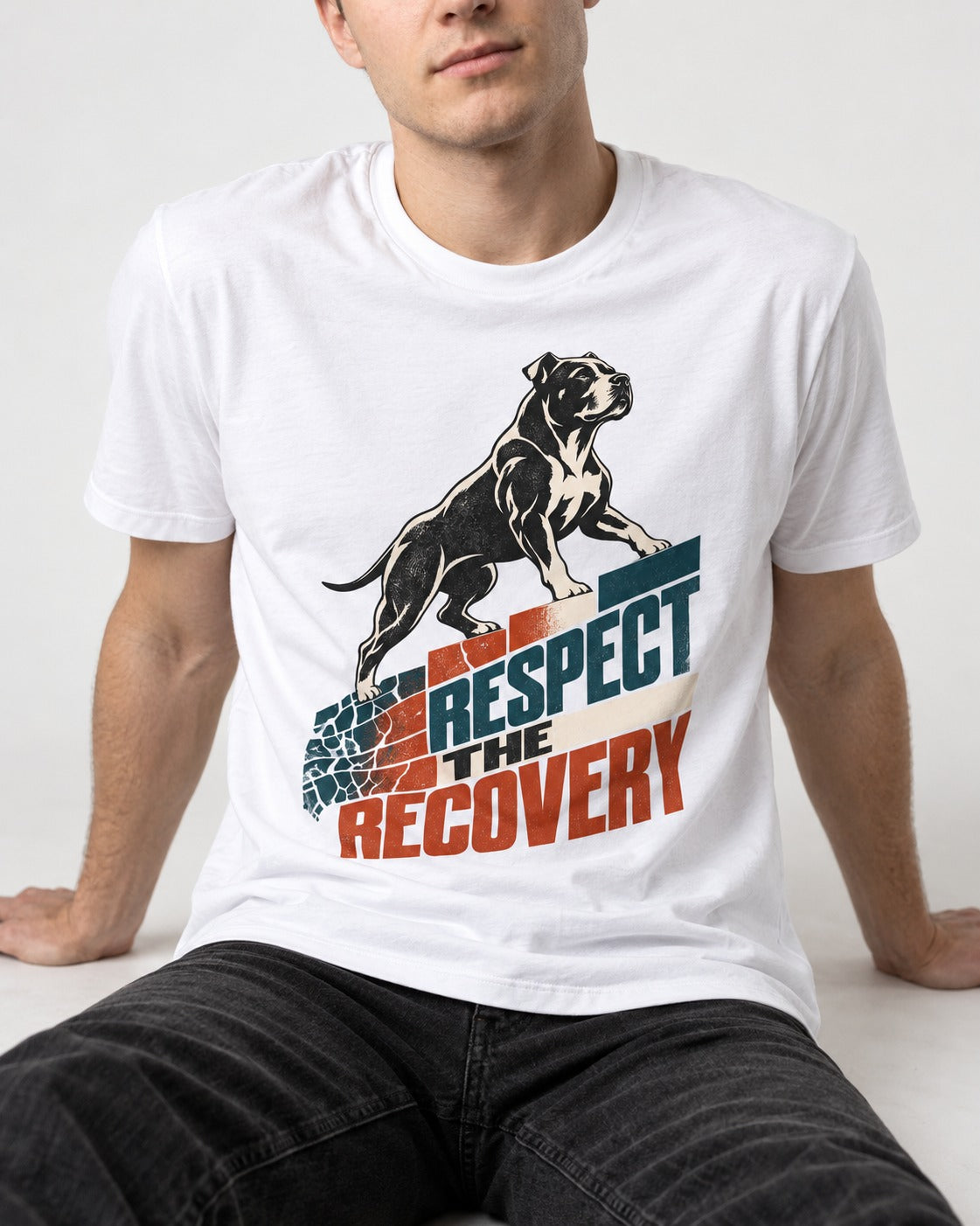 Pitbull Respect the Recovery T-Shirt in White, worn by a seated model