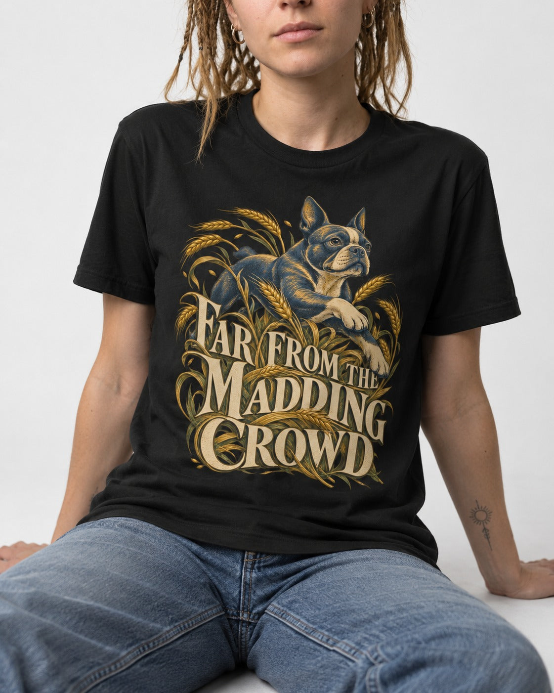 Far From the Madding Crowd Boston Terrier T-Shirt in Black, worn by a seated model