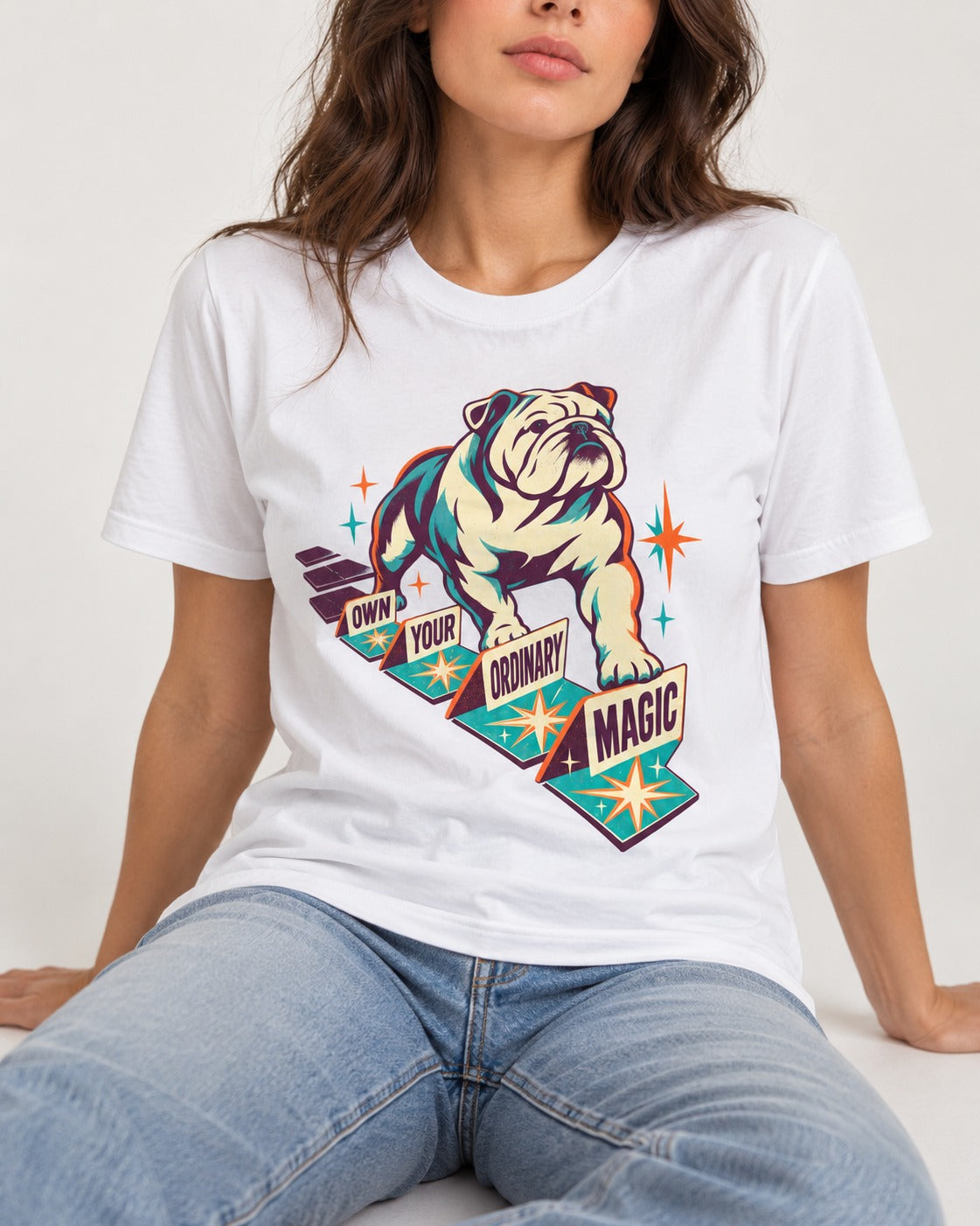 English Bulldog's Ordinary Magic T-Shirt in White, worn by a seated model