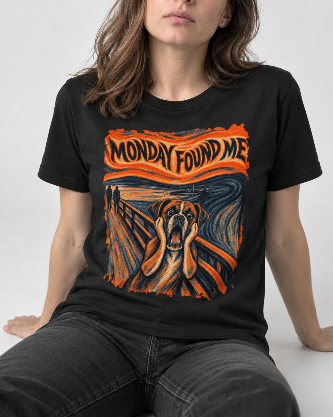 Monday Found Me Scream Boxer T-Shirt in Black, worn by a seated model