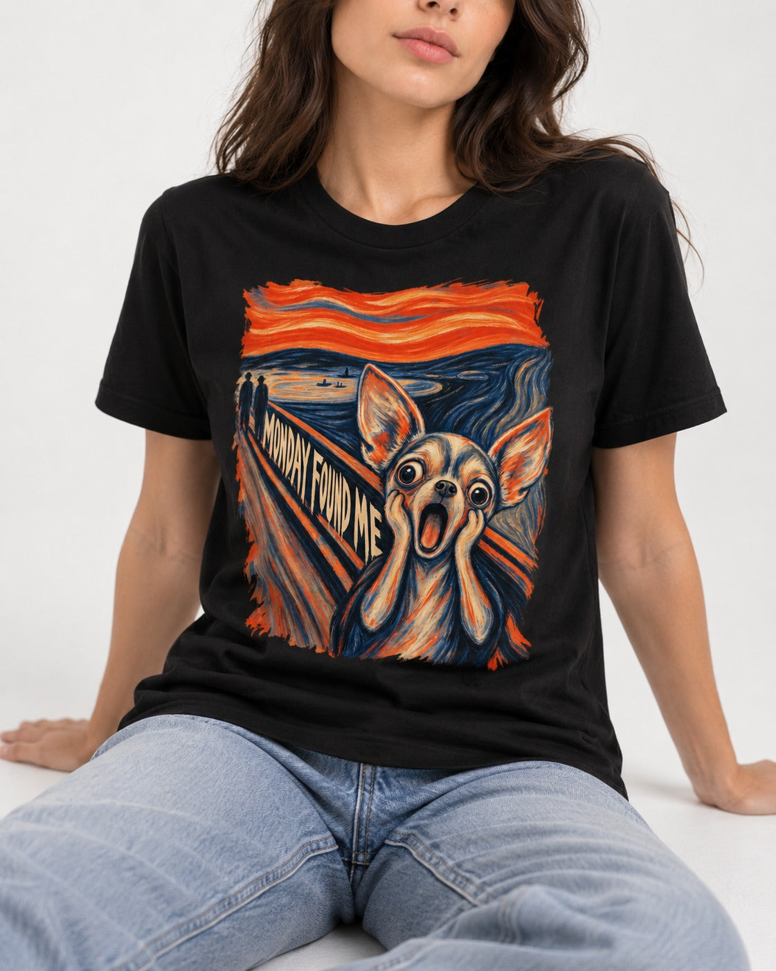 Monday Found Me Chihuahua Scream Path T-Shirt in Black, worn by a seated model