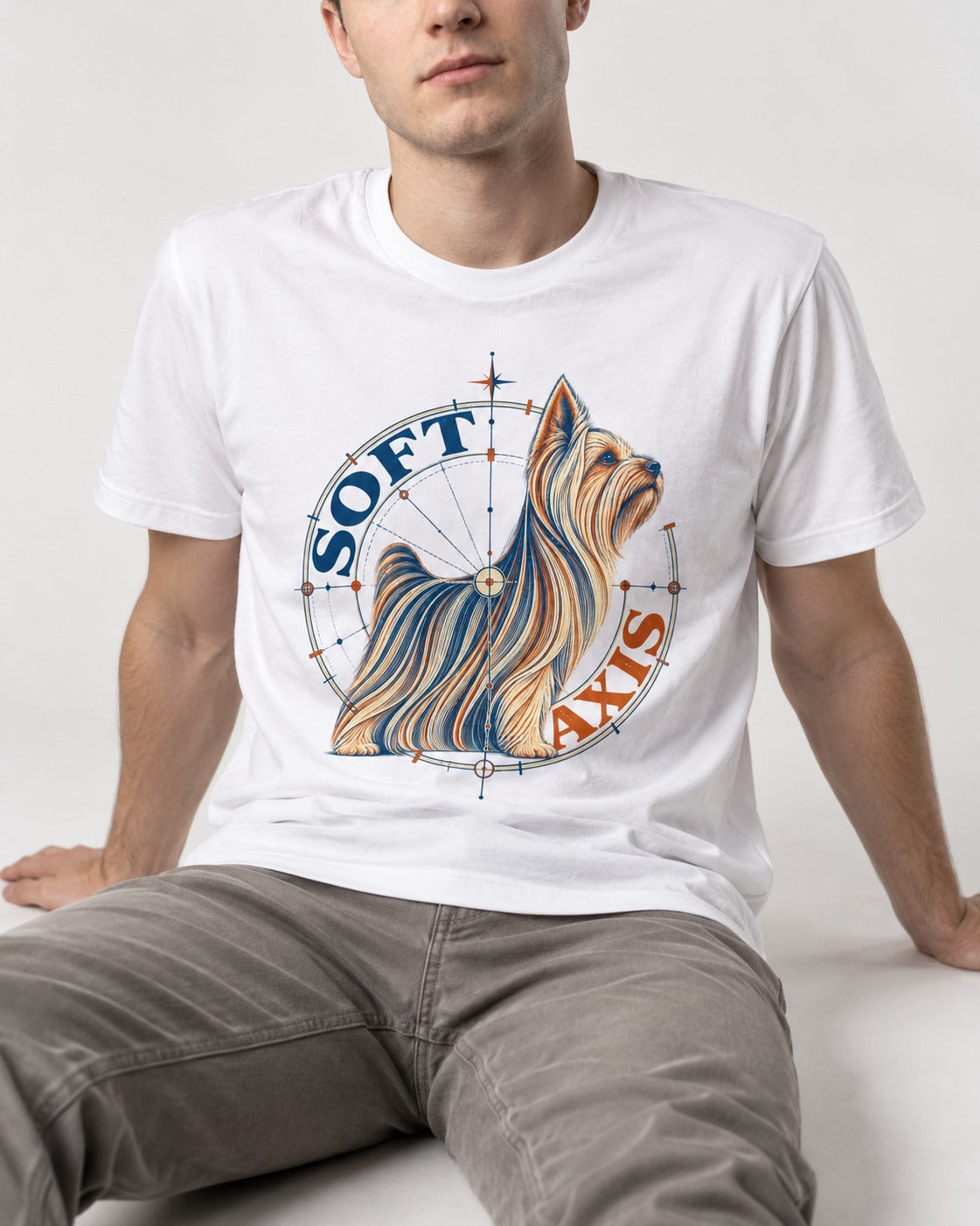 Soft Axis Yorkshire Terrier T-Shirt in White, worn by a seated model