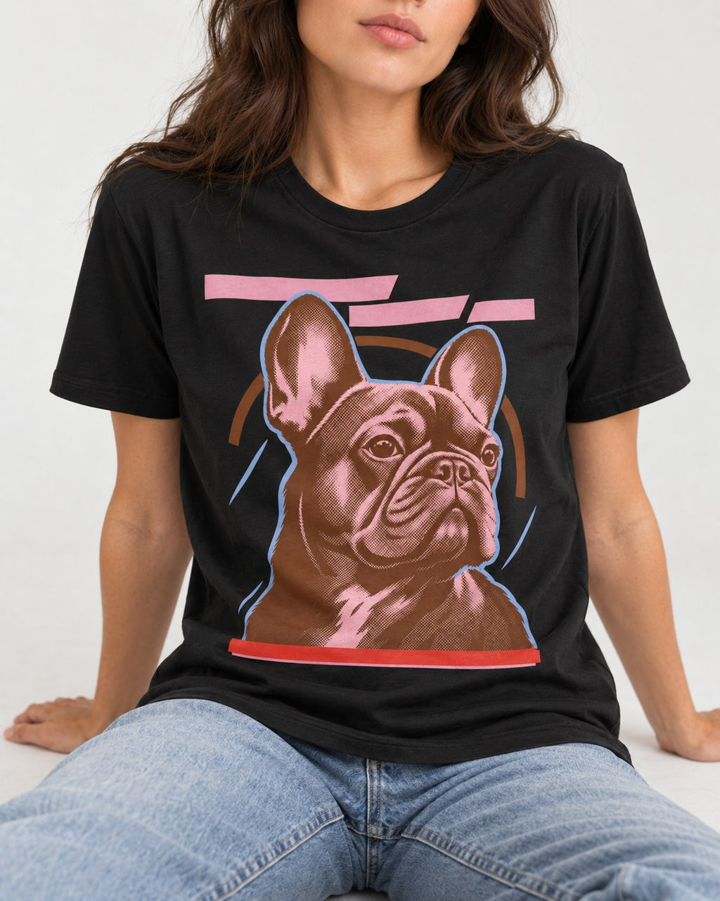 Frenchie Geometric Portrait Graphic T-Shirt in Black, worn by a seated model