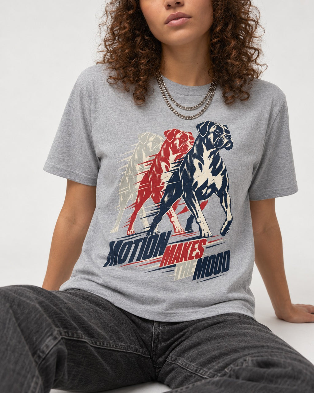 Boxer Motion Makes the Mood T-Shirt in Sport Grey, worn by a seated model
