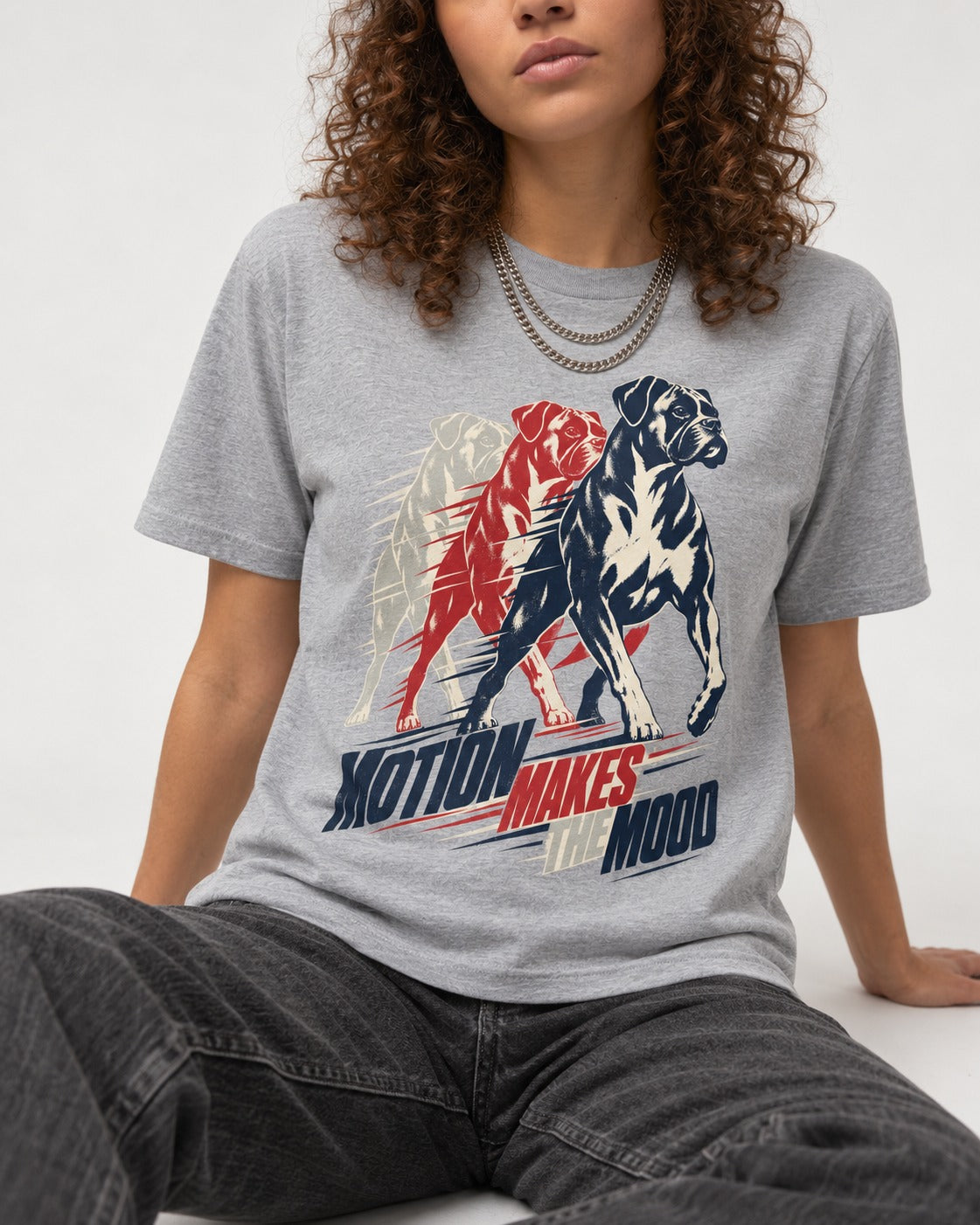 Boxer Motion Makes the Mood T-Shirt in Sport Grey, worn by a seated model