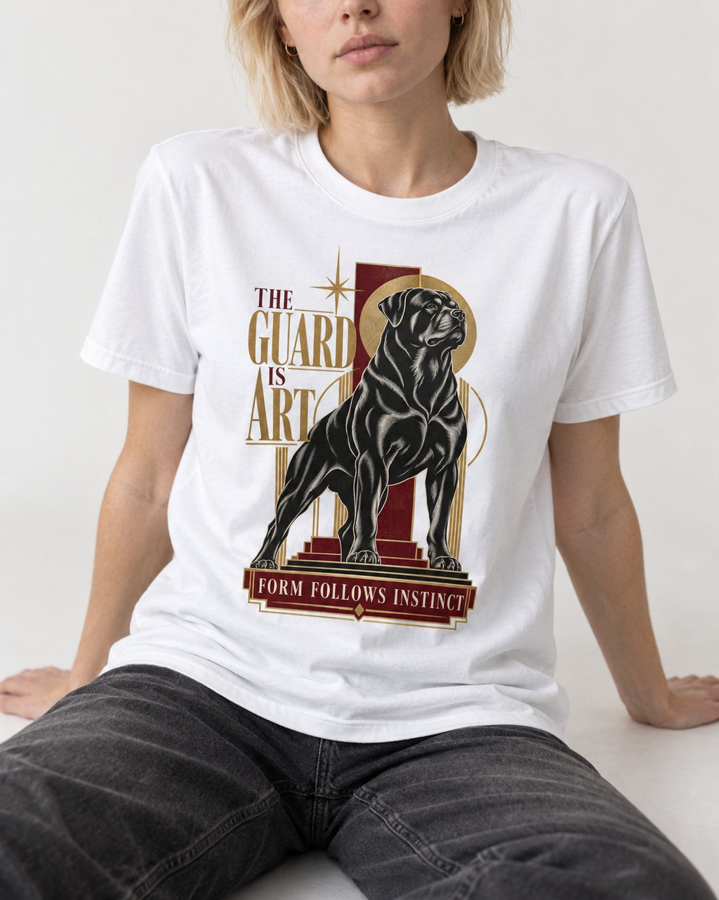 Rottweiler Form Follows Instinct T-Shirt in White, worn by a seated model