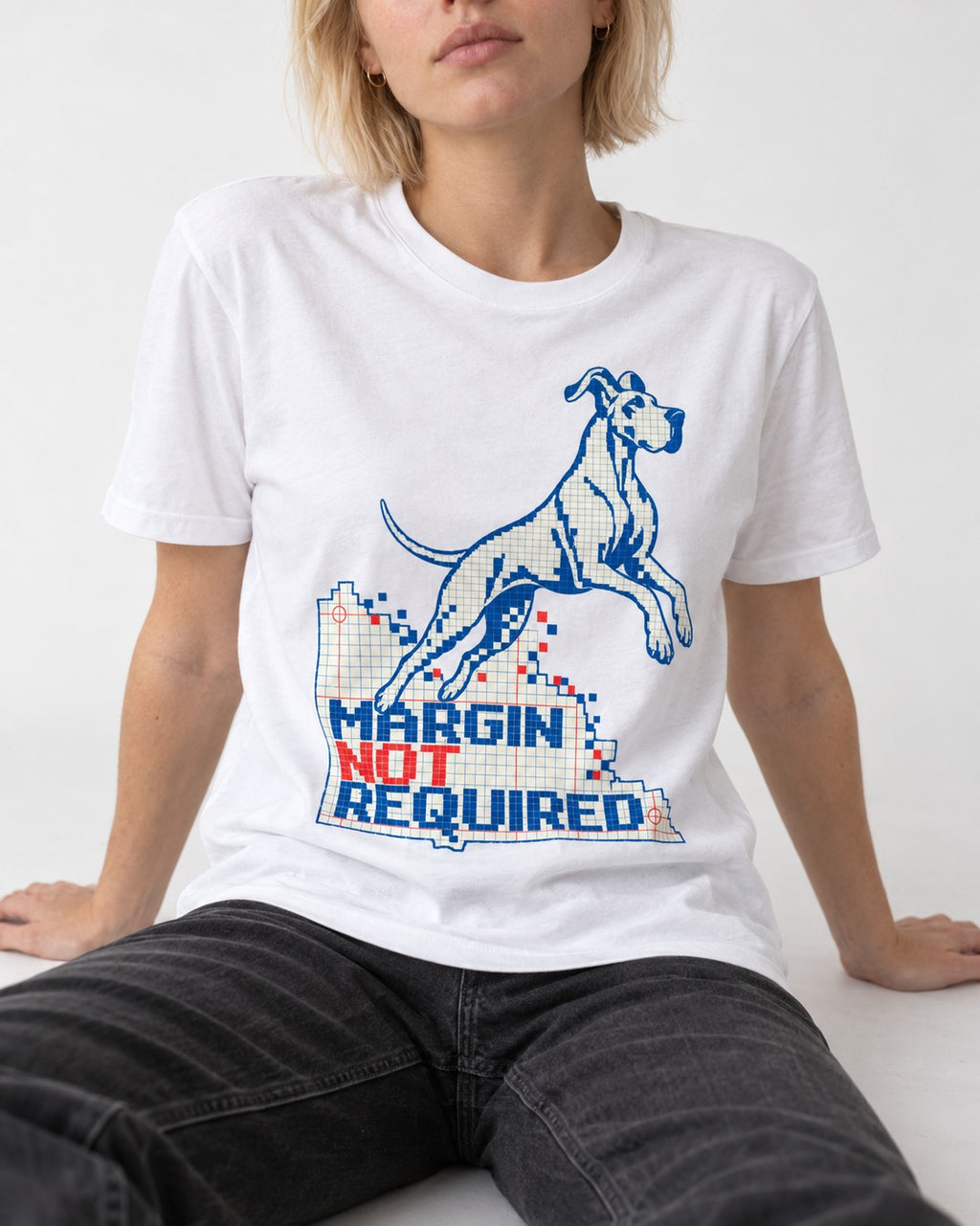 Great Dane Margin Not Required T-Shirt in White, worn by a seated model