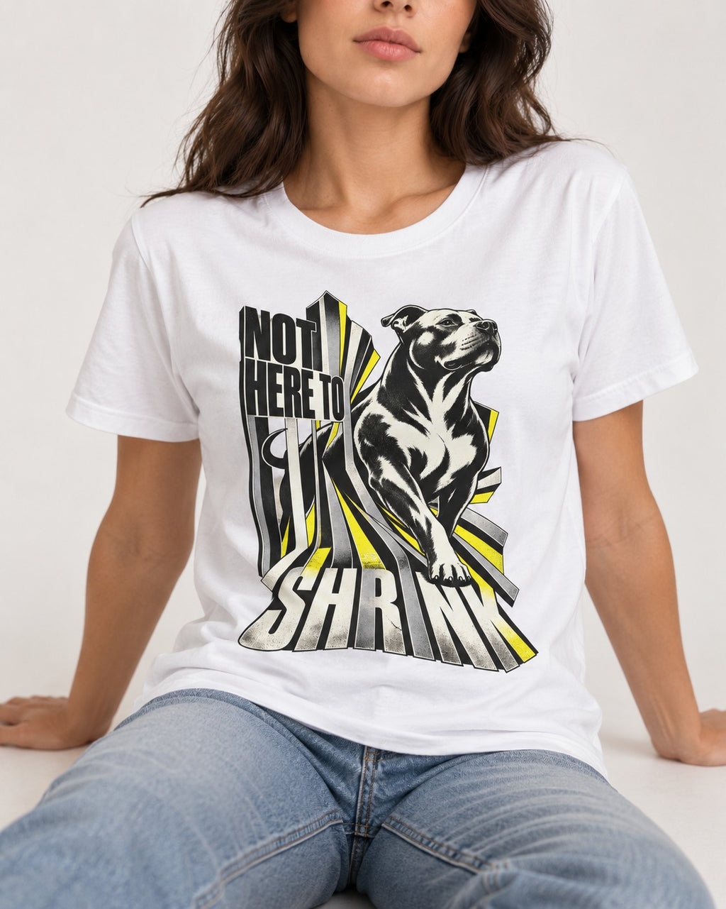 Not Here to Share Pitbull T-Shirt in White, worn by a seated model