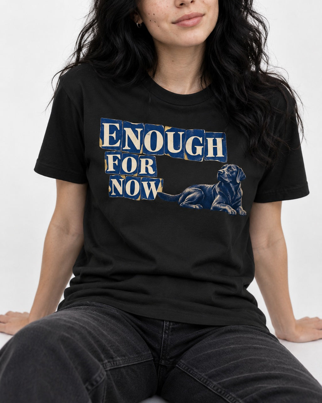 Labrador Retriever Enough for Now Reclining Graphic T-Shirt in Black, worn by a seated model