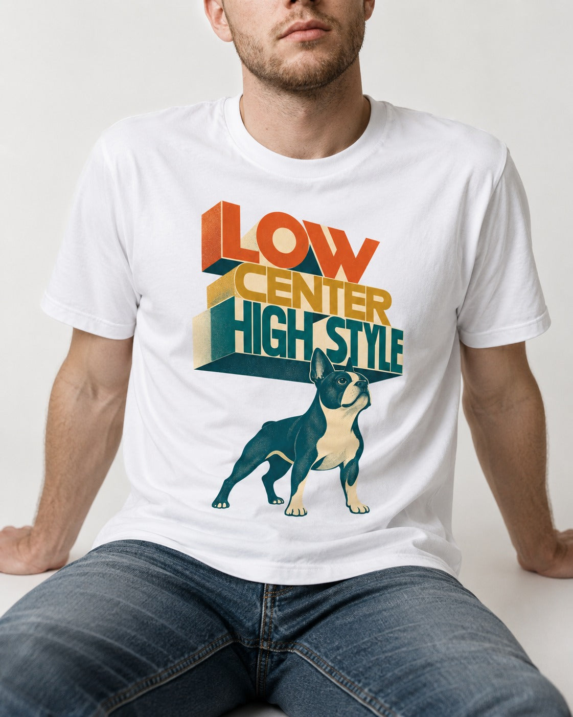 Low Center Boston Terrier T-Shirt in White, worn by a seated model