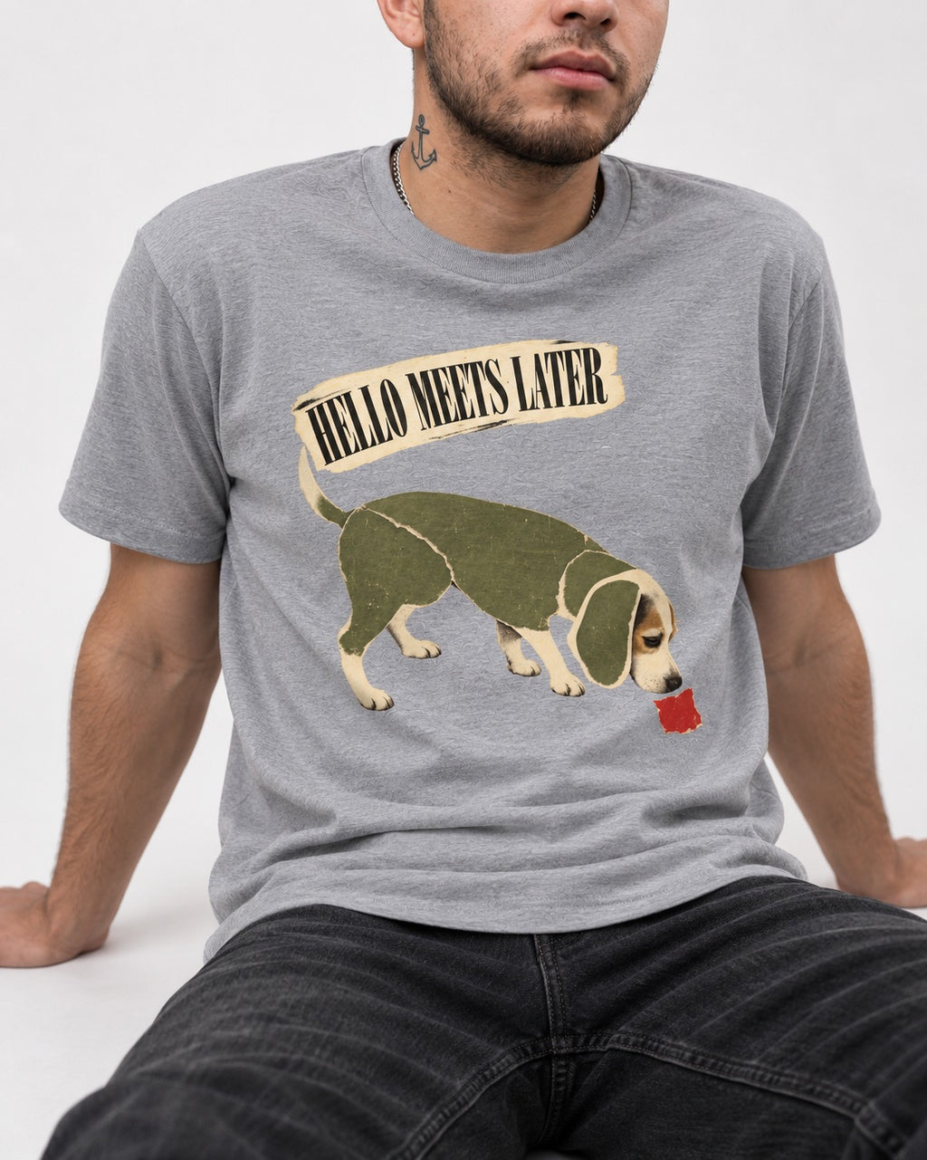 Twenty Minutes Later Beagle T-Shirt in Sport Grey, worn by a seated model